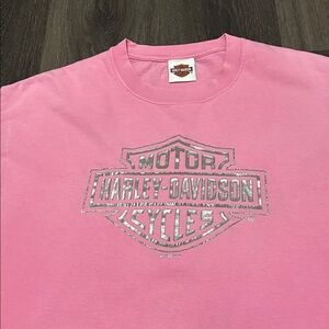 Harley-Davidson Pink Tee with Silver Logo on front and Dealer graphic on back